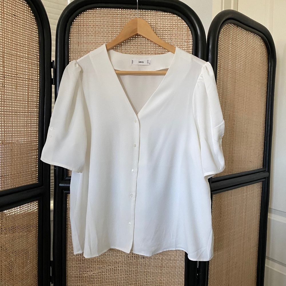 Mango White Button Down Blouse with Button detail on sleeves - Size Large